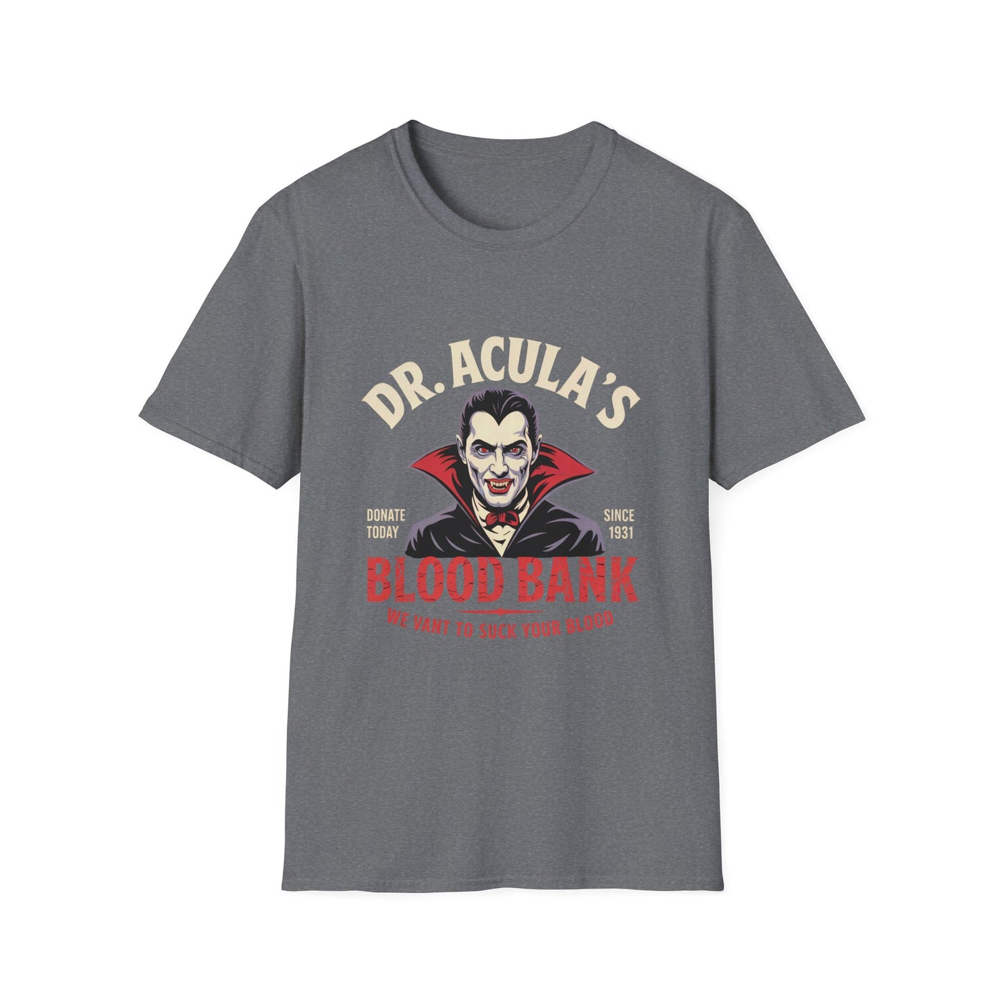 Dr. Acula's Blood Bank Softstyle T-Shirt, Halloween Shirt, Colorful Pop Art Tee, Funny Dracula Satire Shirt, Blood Bank