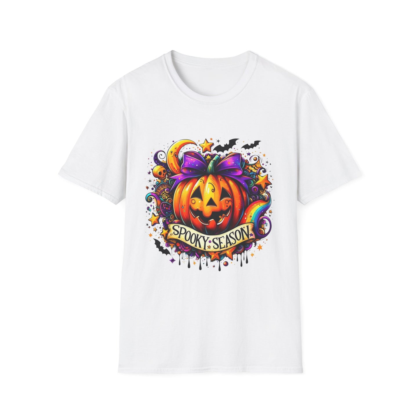 Jack-O'-Lantern Celebration Softstyle T-Shirt, Halloween Shirt, Colorful Pop Art Tee, Festive Chaos Top, Sparkly Rainbow Swirl Tshirt