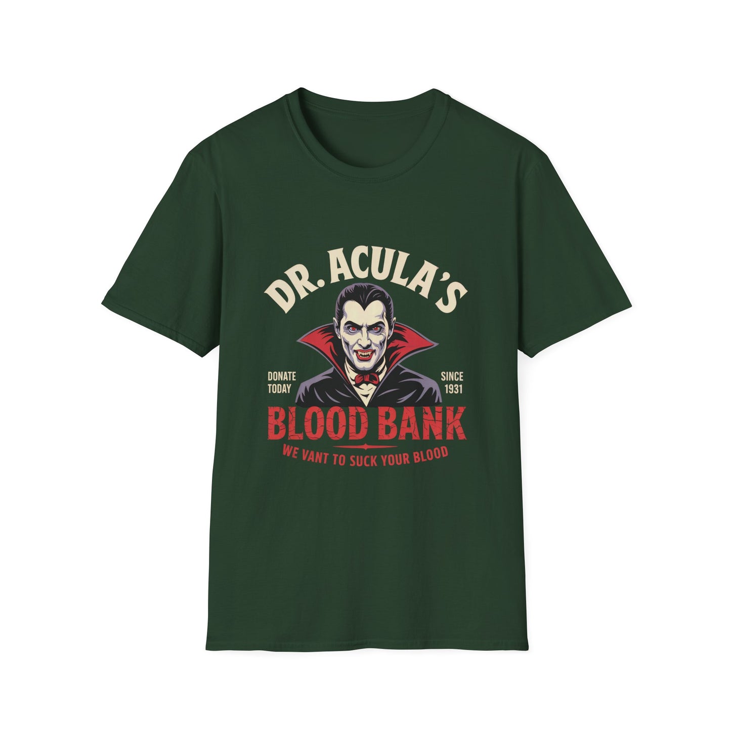 Dr. Acula's Blood Bank Softstyle T-Shirt, Halloween Shirt, Colorful Pop Art Tee, Funny Dracula Satire Shirt, Blood Bank