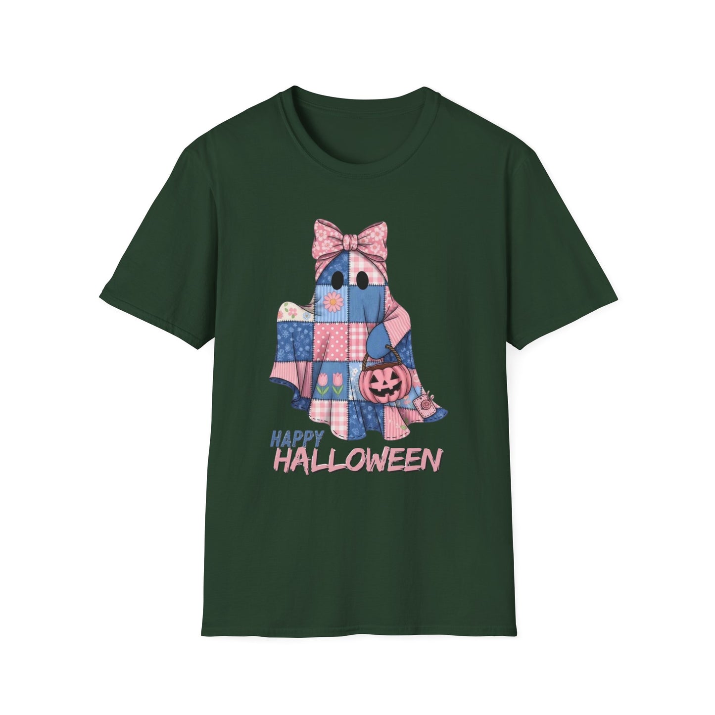 Patch and Boo, Spooky Happy Plush Character Unisex Softstyle T-Shirt, Halloween Trick-or-Treat Apparel, Stitched Style Shirt
