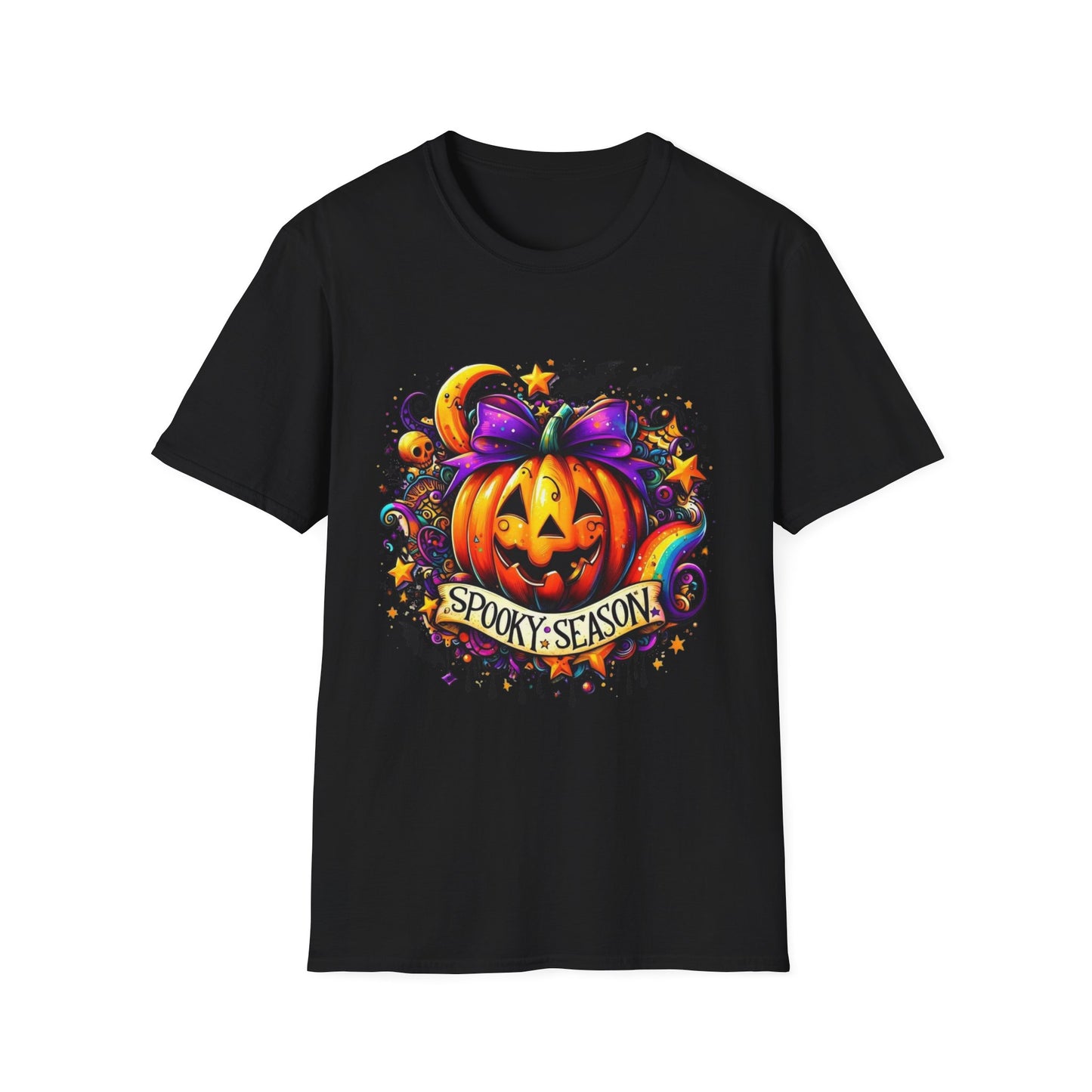 Jack-O'-Lantern Celebration Softstyle T-Shirt, Halloween Shirt, Colorful Pop Art Tee, Festive Chaos Top, Sparkly Rainbow Swirl Tshirt