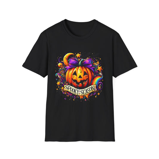 Jack-O'-Lantern Celebration Softstyle T-Shirt, Halloween Shirt, Colorful Pop Art Tee, Festive Chaos Top, Sparkly Rainbow Swirl Tshirt