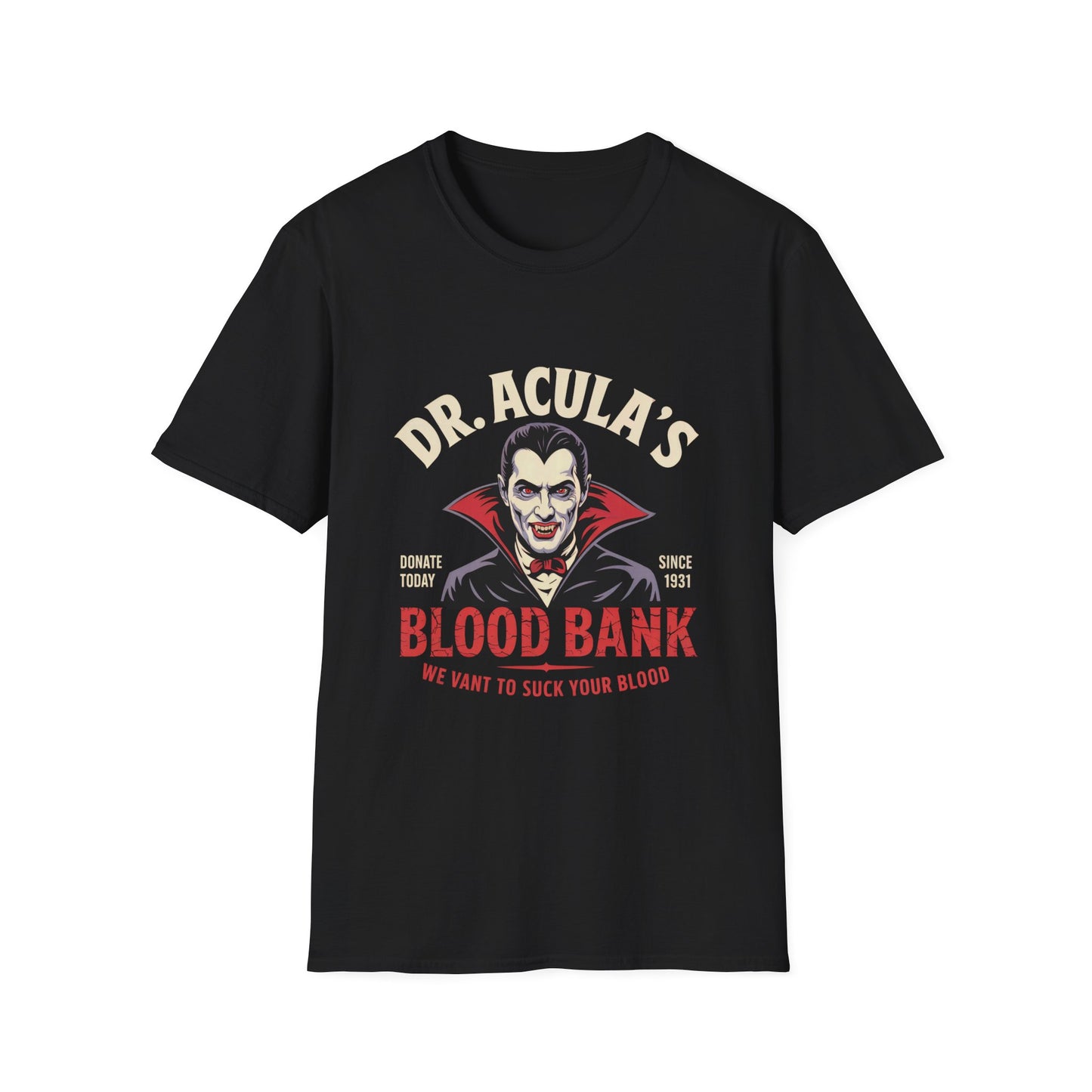 Dr. Acula's Blood Bank Softstyle T-Shirt, Halloween Shirt, Colorful Pop Art Tee, Funny Dracula Satire Shirt, Blood Bank