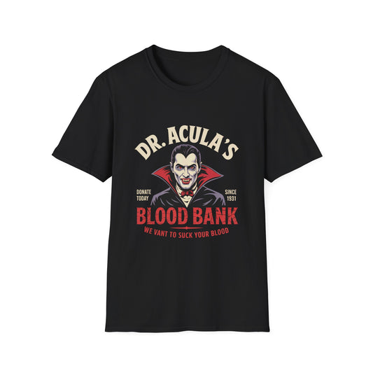 Dr. Acula's Blood Bank Softstyle T-Shirt, Halloween Shirt, Colorful Pop Art Tee, Funny Dracula Satire Shirt, Blood Bank
