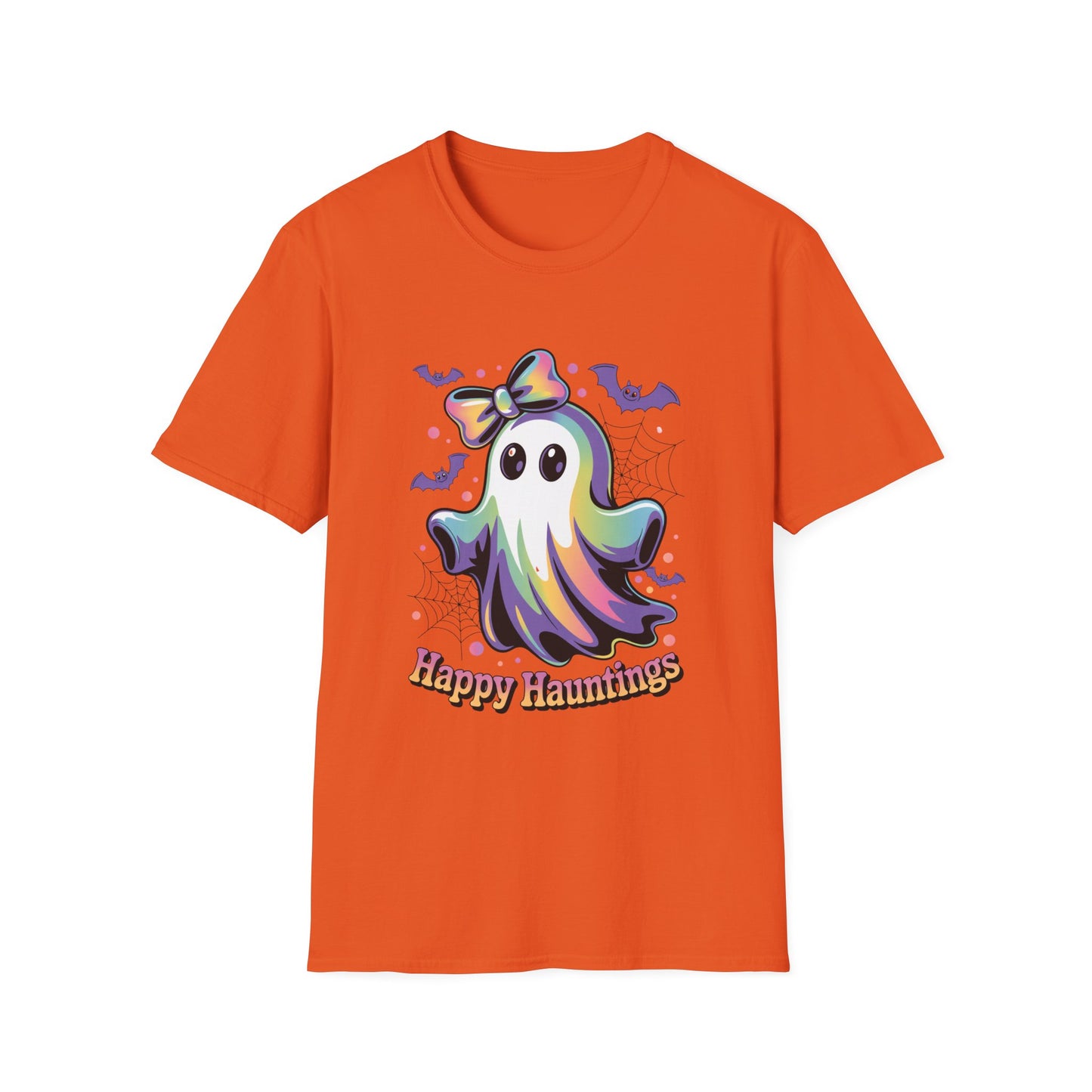 Happy Hauntings Unisex Softstyle T-Shirt - Ghostlike Pop-Art Mascot Tee, Halloween Trick-or-Treat Apparel
