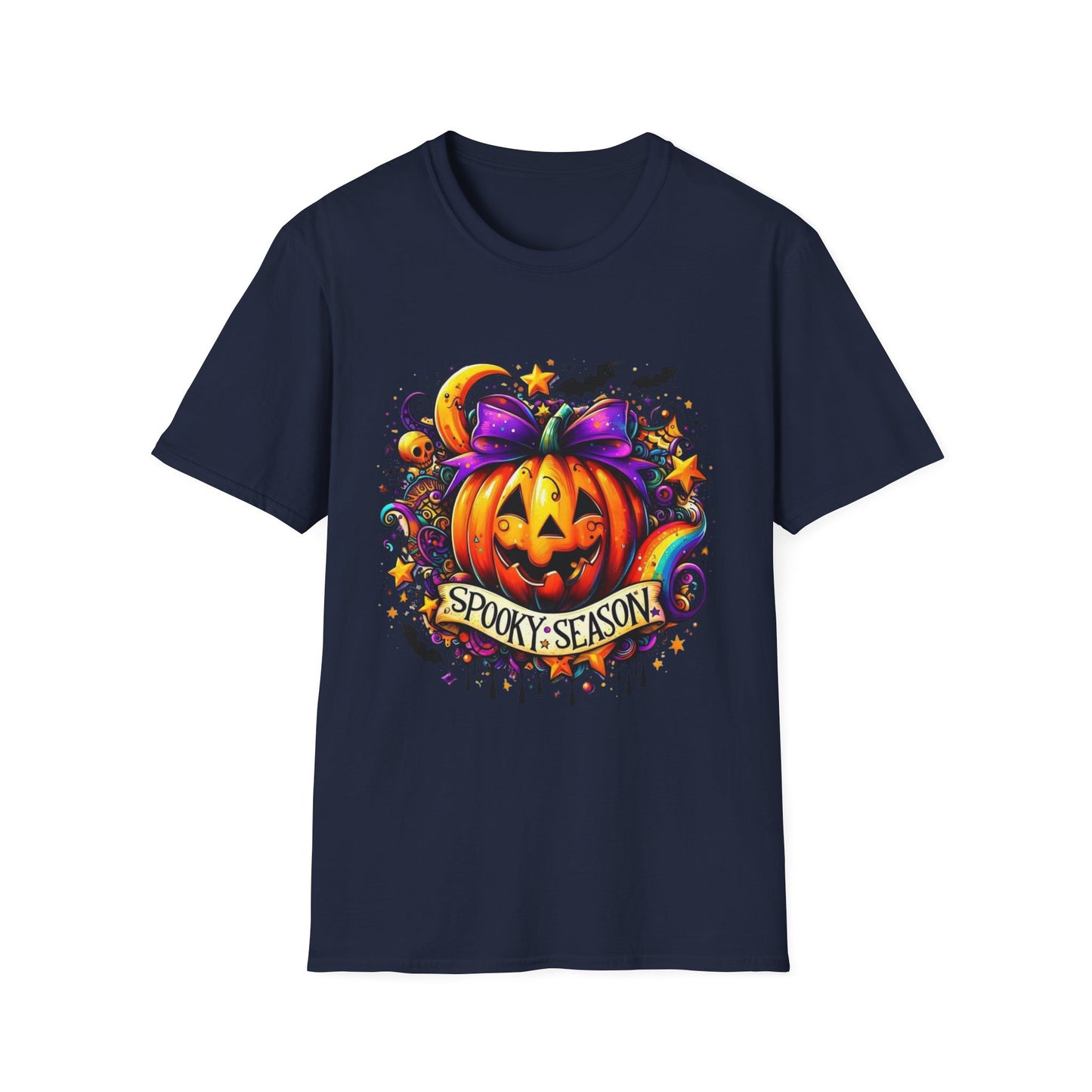 Jack-O'-Lantern Celebration Softstyle T-Shirt, Halloween Shirt, Colorful Pop Art Tee, Festive Chaos Top, Sparkly Rainbow Swirl Tshirt