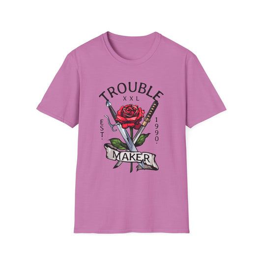 Trouble Maker Graphic T-Shirt with Red Rose and Swords Design