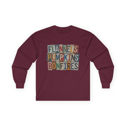“Flannels, Pumpkins & Bonfires” Long Sleeve Tee – License Plate Layers Edition