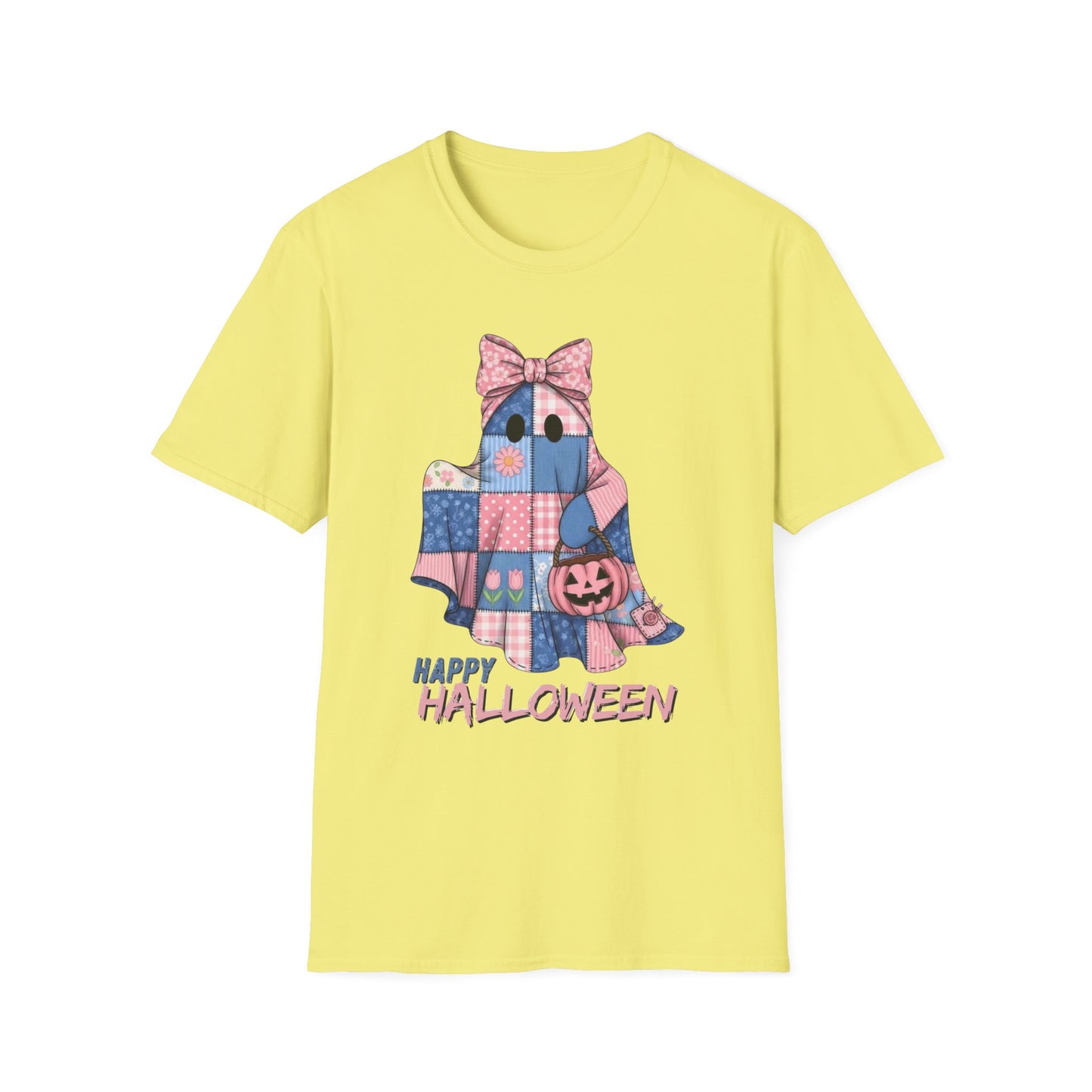 Patch and Boo, Spooky Happy Plush Character Unisex Softstyle T-Shirt, Halloween Trick-or-Treat Apparel, Stitched Style Shirt