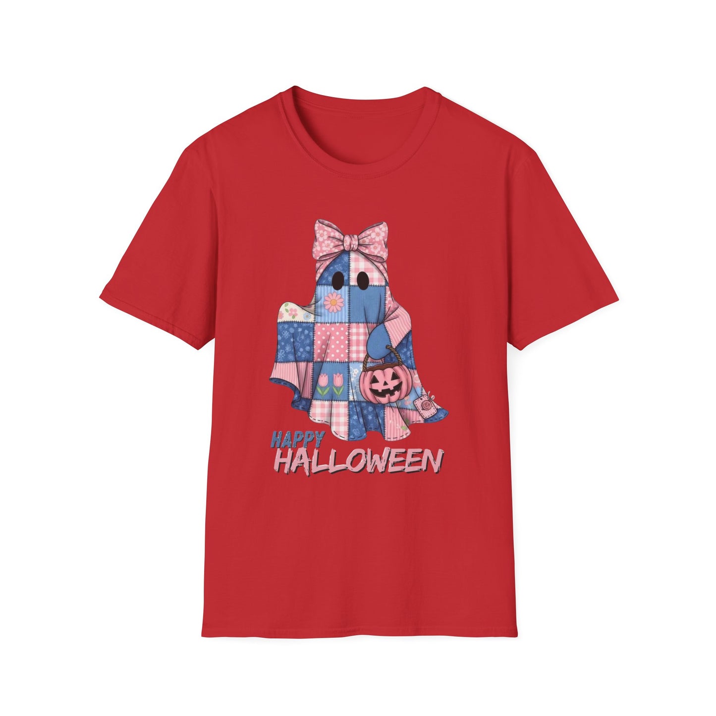 Patch and Boo, Spooky Happy Plush Character Unisex Softstyle T-Shirt, Halloween Trick-or-Treat Apparel, Stitched Style Shirt
