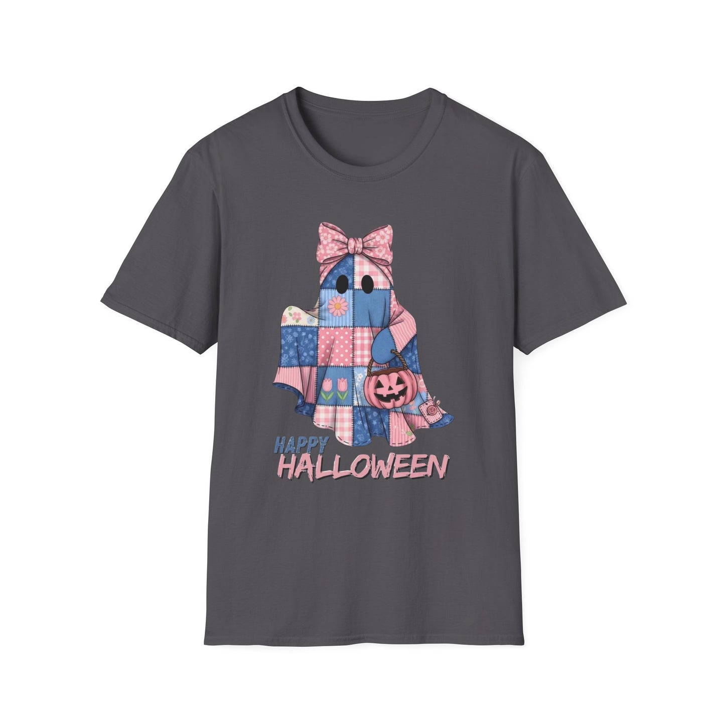 Patch and Boo, Spooky Happy Plush Character Unisex Softstyle T-Shirt, Halloween Trick-or-Treat Apparel, Stitched Style Shirt
