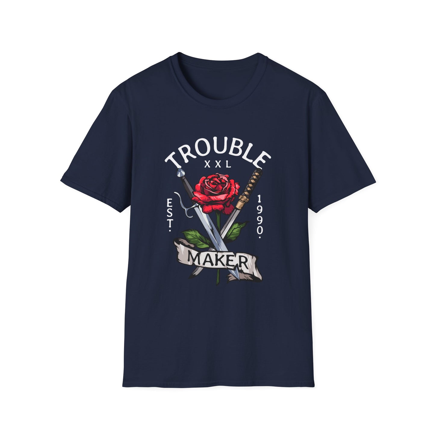 Trouble Maker Graphic T-Shirt with Red Rose and Swords Design