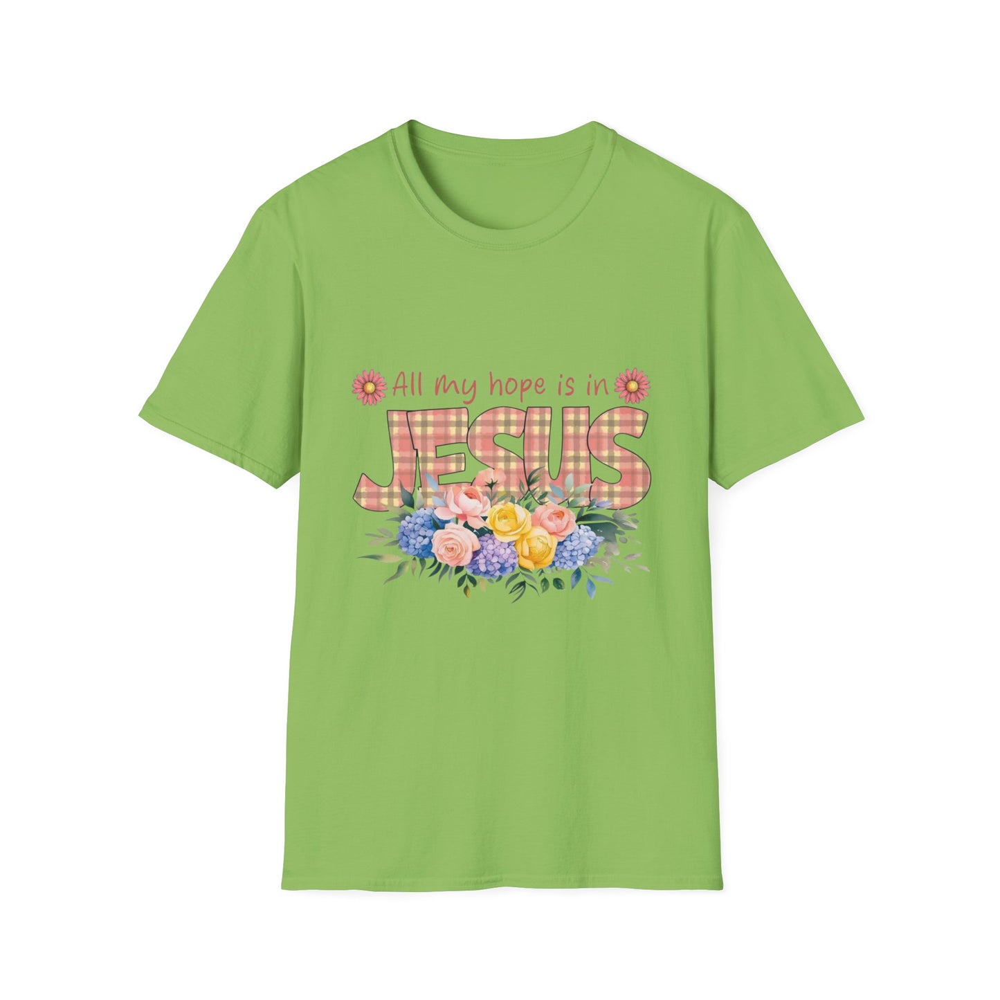 All My Hope Is in Jesus – Floral Faith Tee with Plaid Lettering