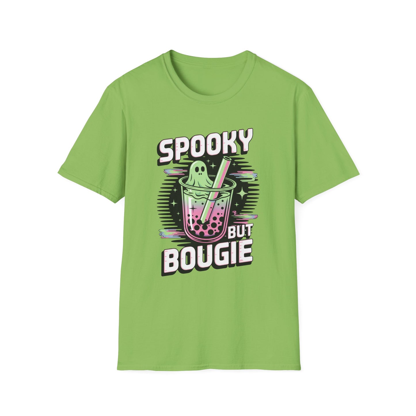 Ghostly Bubble Tea Unisex Softstyle T-Shirt, Spooky Sip, Halloween Tee, Bougie Spirit Shirt, Pastel Sparkles Shirt, Haunted Beverage Top