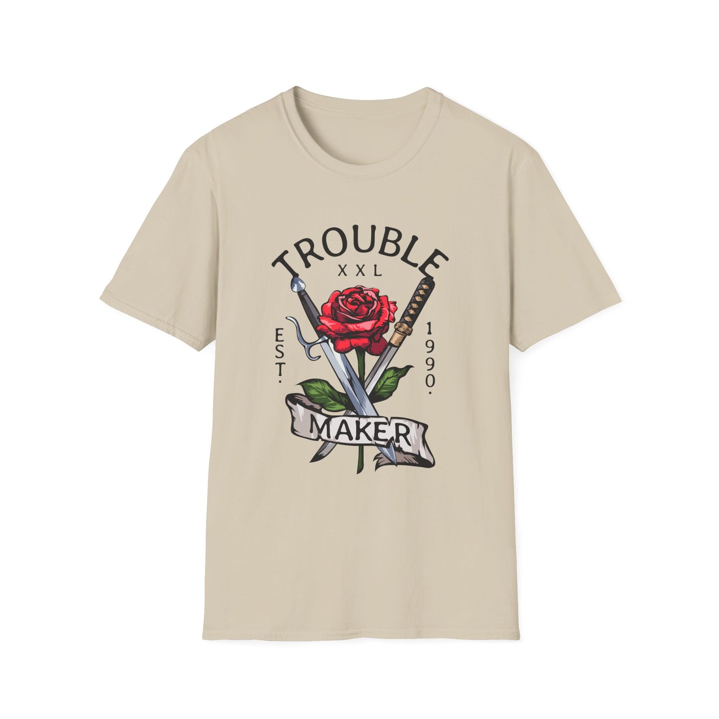 Trouble Maker Graphic T-Shirt with Red Rose and Swords Design