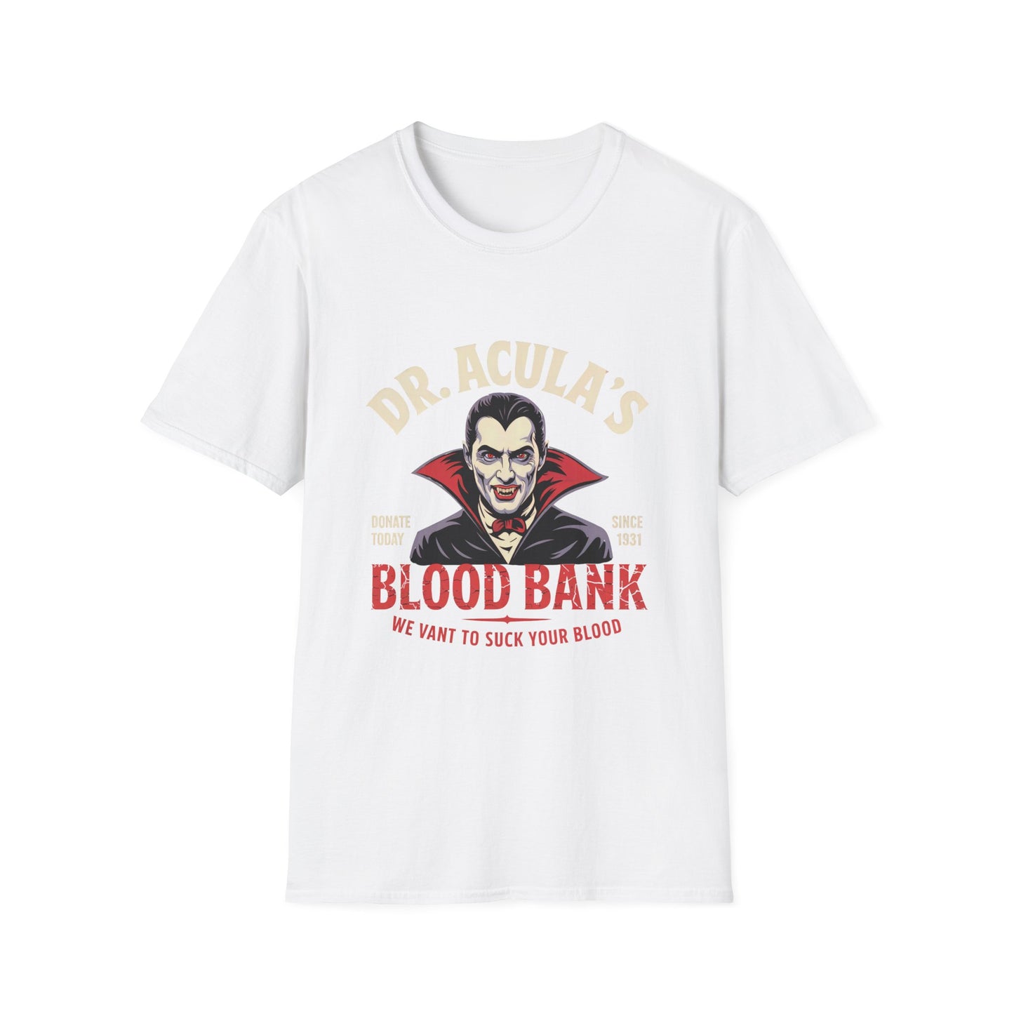 Dr. Acula's Blood Bank Softstyle T-Shirt, Halloween Shirt, Colorful Pop Art Tee, Funny Dracula Satire Shirt, Blood Bank