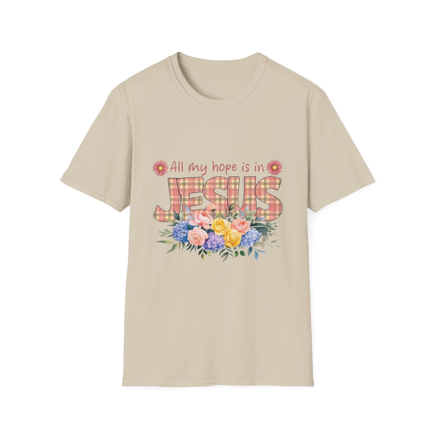 All My Hope Is in Jesus – Floral Faith Tee with Plaid Lettering