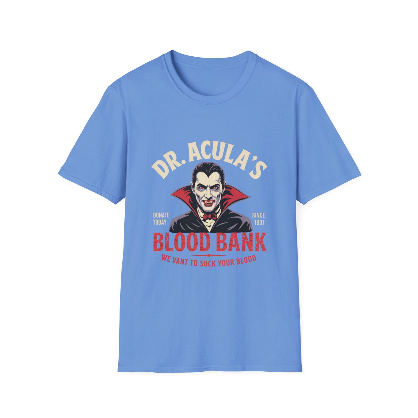 Dr. Acula's Blood Bank Softstyle T-Shirt, Halloween Shirt, Colorful Pop Art Tee, Funny Dracula Satire Shirt, Blood Bank