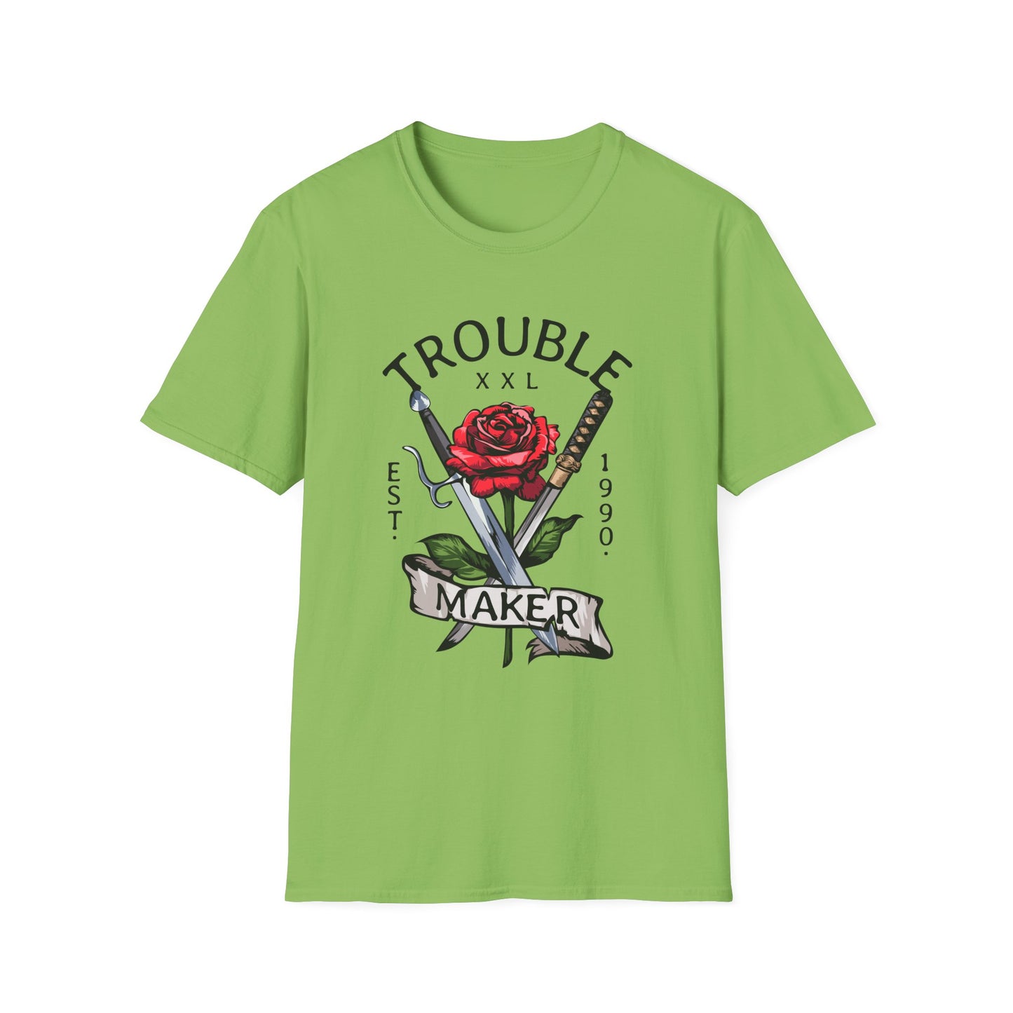 Trouble Maker Graphic T-Shirt with Red Rose and Swords Design