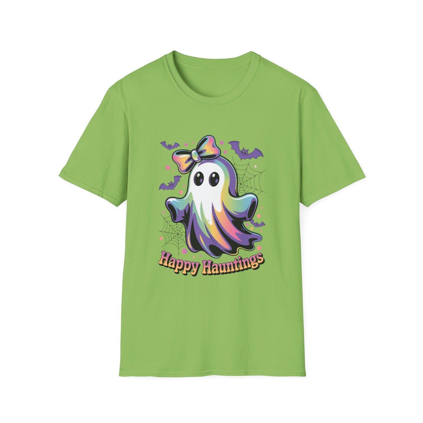 Happy Hauntings Unisex Softstyle T-Shirt - Ghostlike Pop-Art Mascot Tee, Halloween Trick-or-Treat Apparel
