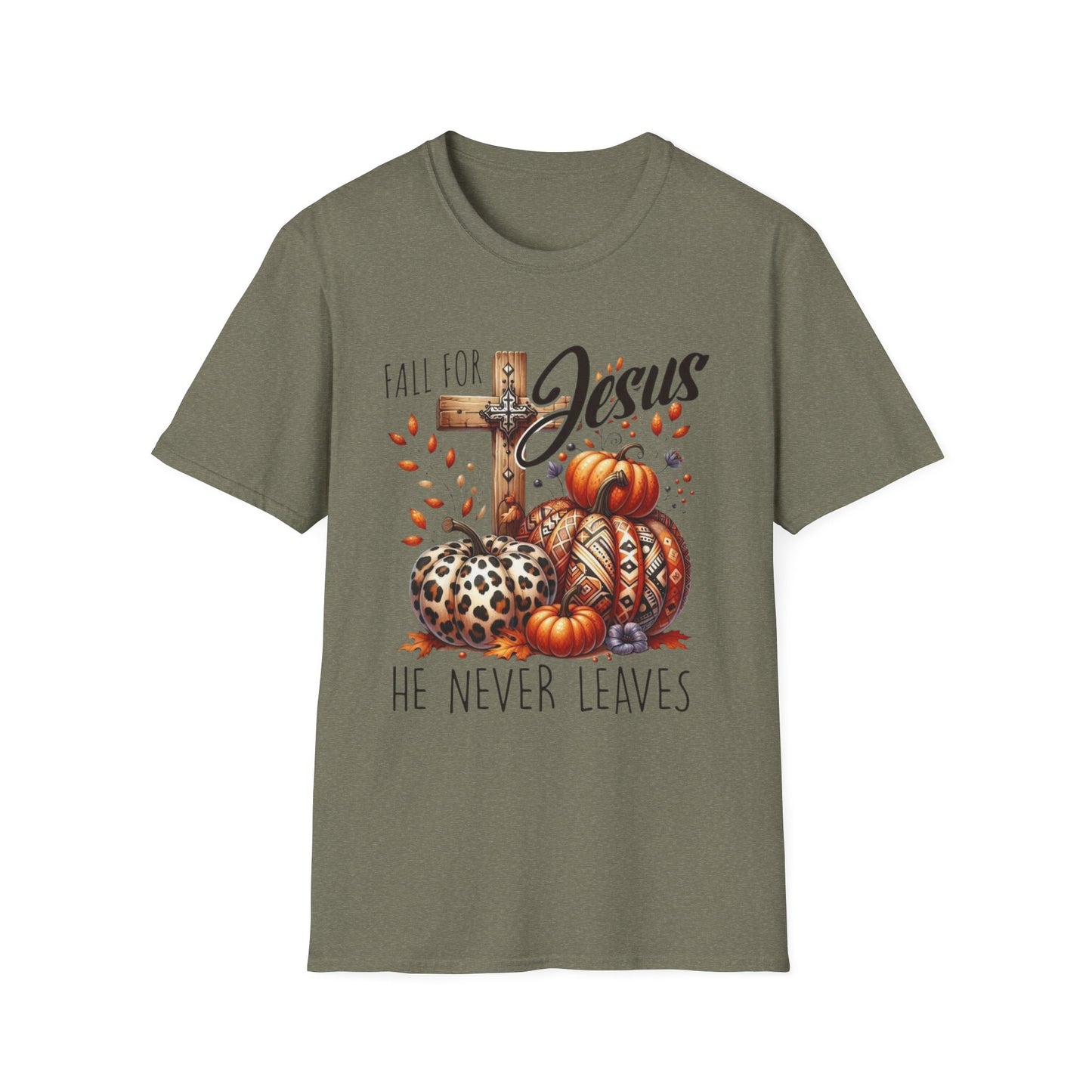 Fall for Jesus – He Never Leaves Short Sleeve Tee