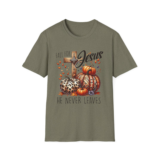 Fall for Jesus – He Never Leaves Short Sleeve Tee