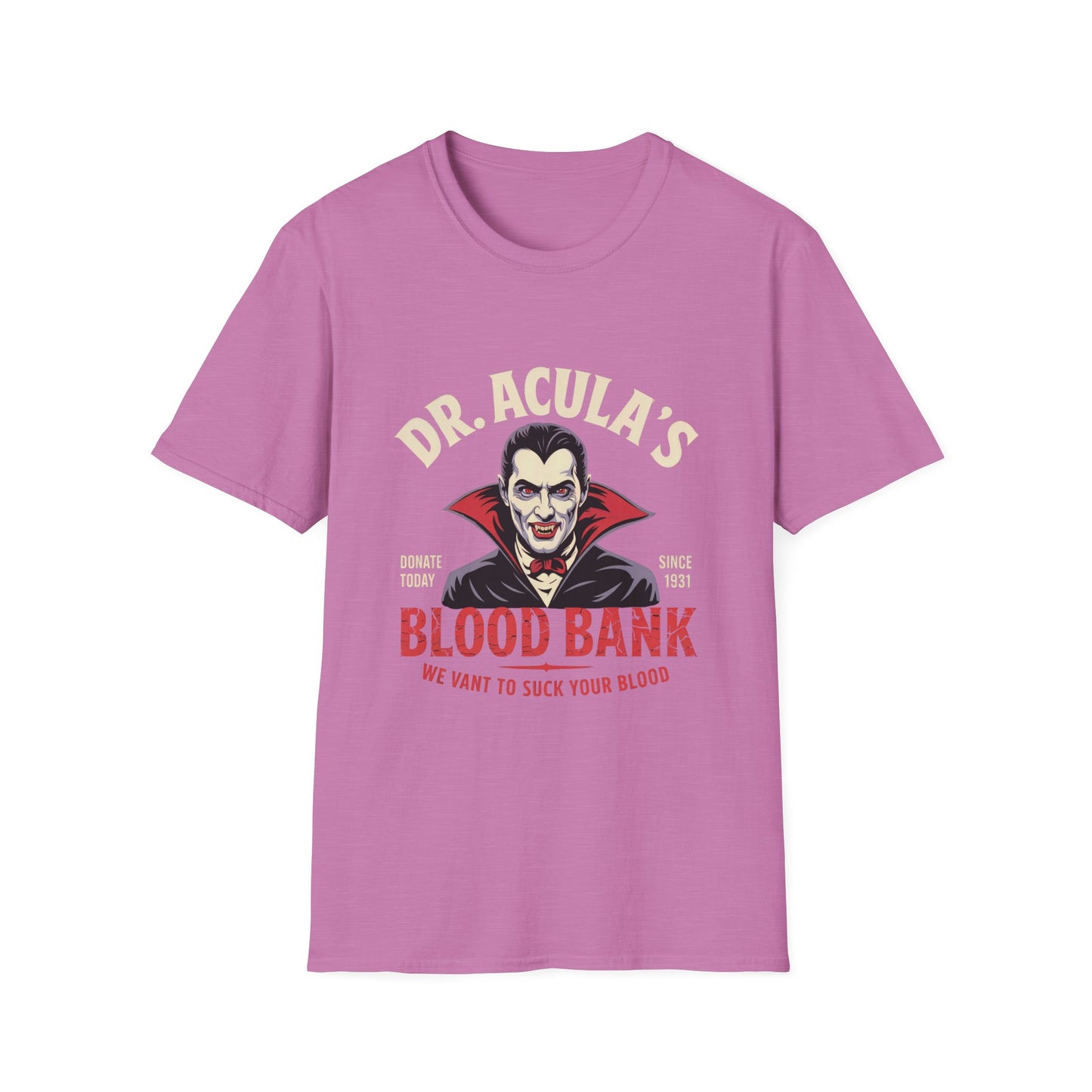 Dr. Acula's Blood Bank Softstyle T-Shirt, Halloween Shirt, Colorful Pop Art Tee, Funny Dracula Satire Shirt, Blood Bank