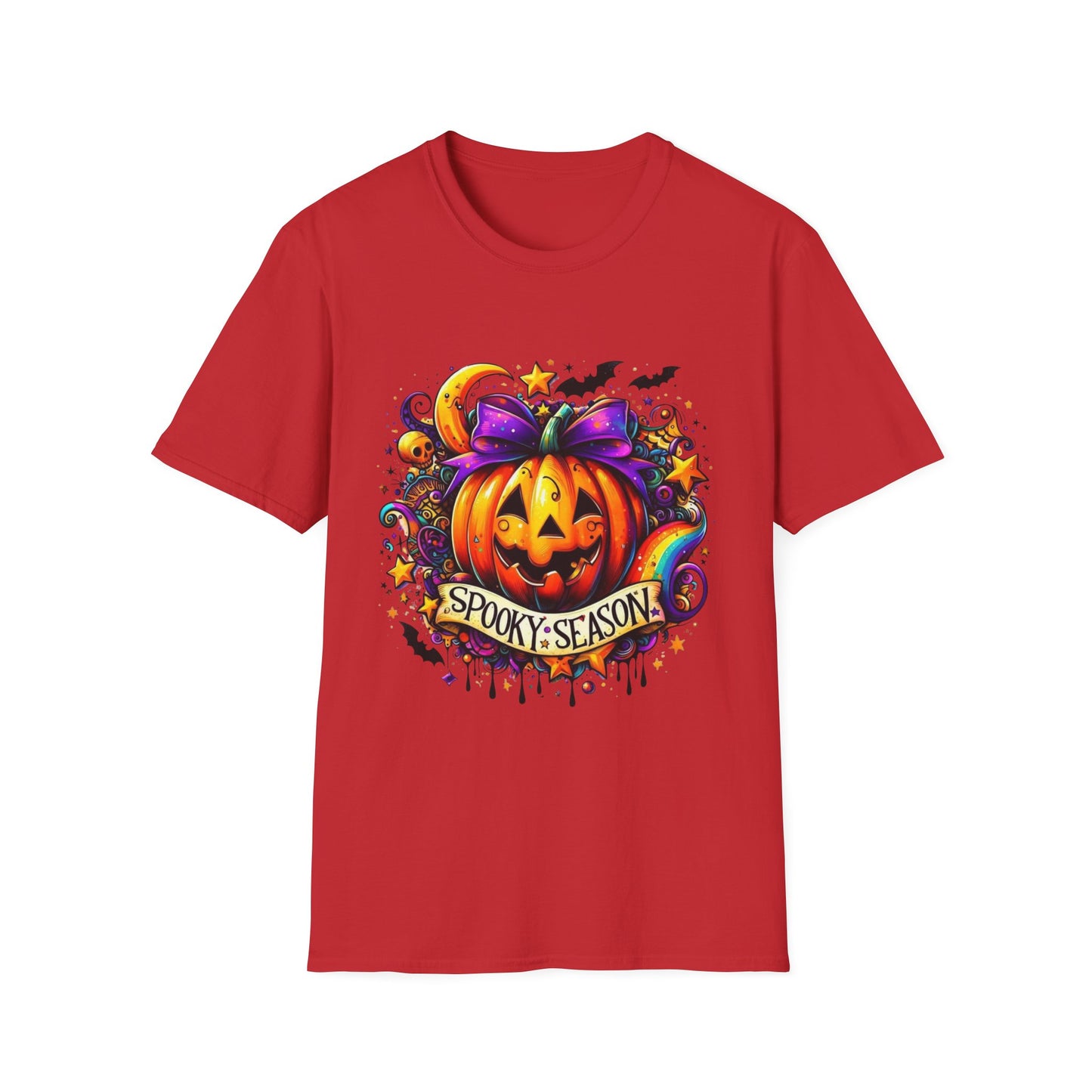 Jack-O'-Lantern Celebration Softstyle T-Shirt, Halloween Shirt, Colorful Pop Art Tee, Festive Chaos Top, Sparkly Rainbow Swirl Tshirt