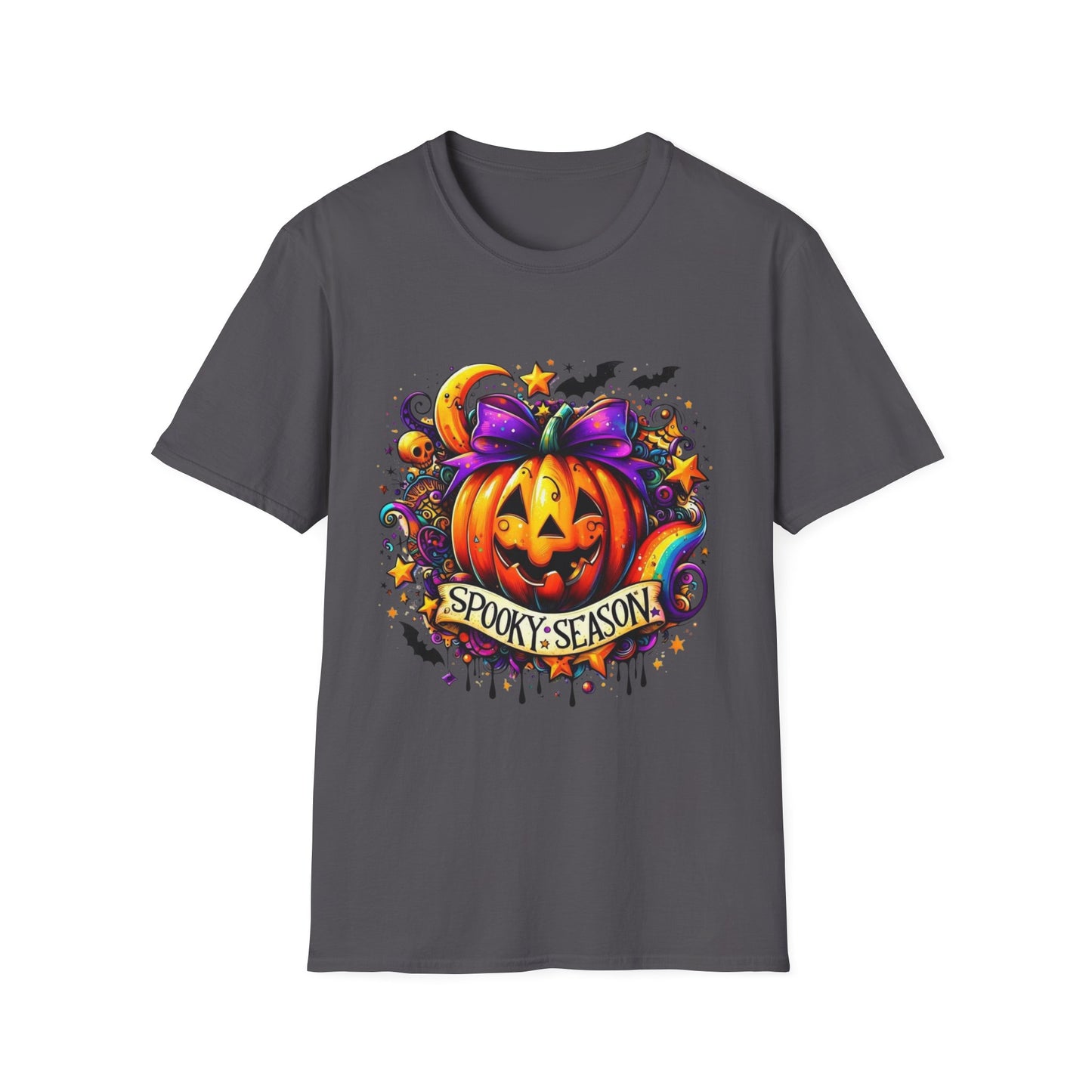Jack-O'-Lantern Celebration Softstyle T-Shirt, Halloween Shirt, Colorful Pop Art Tee, Festive Chaos Top, Sparkly Rainbow Swirl Tshirt
