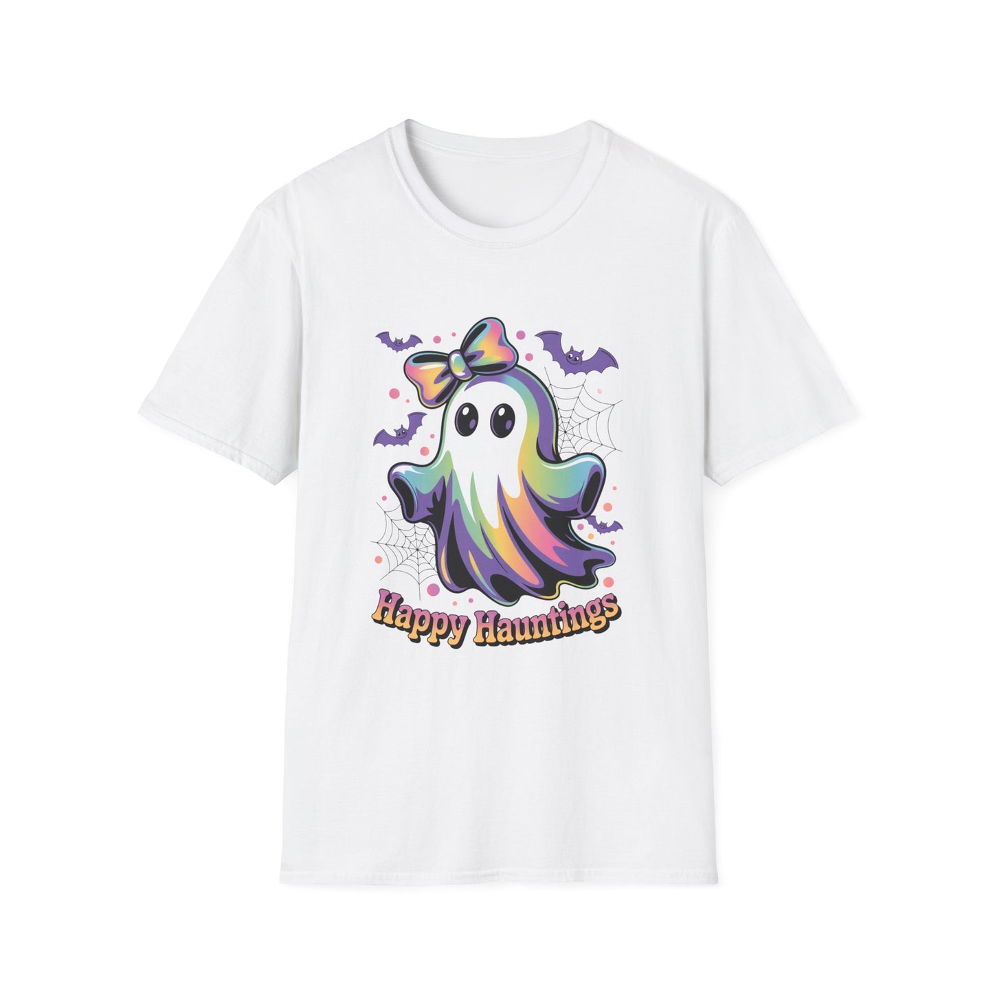 Happy Hauntings Unisex Softstyle T-Shirt - Ghostlike Pop-Art Mascot Tee, Halloween Trick-or-Treat Apparel